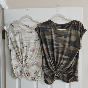 Set Of 2 XS Lucky Brand Floral and Camo Twist Knot Tees